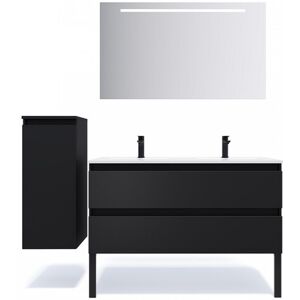 HOMIFAB Meuble de salle de bain suspendu double vasque integree 120cm 2 tiroirs Noir + miroir + colonne ouverture gauche - Hudson