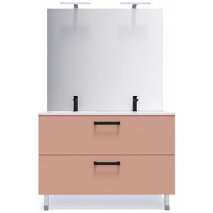 HOMIFAB Meuble de salle de bain suspendu avec pieds double vasque integree 120cm 2 tiroirs Abricot + miroir - Chelsea