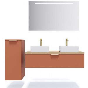 HOMIFAB Meuble de salle de bain suspendu 2 vasques a poser 120cm 1 tiroir Terracotta + miroir + colonne ouverture gauche - Venice