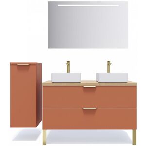 HOMIFAB Meuble de salle de bain suspendu 2 vasques a poser 120cm 2 tiroirs Terracotta + miroir + colonne ouverture gauche - Venice