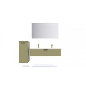 HOMIFAB Meuble de salle de bain suspendu double vasque integree 120cm 1 tiroir Vert olive + miroir + colonne ouverture gauche - Venice