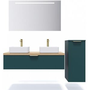 HOMIFAB Meuble de salle de bain suspendu 2 vasques a poser 120cm 1 tiroir Bleu + miroir + colonne ouverture droite - Venice