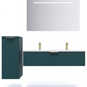 HOMIFAB Meuble de salle de bain suspendu double vasque integree 120cm 1 tiroir Bleu + miroir + colonne ouverture gauche - Venice