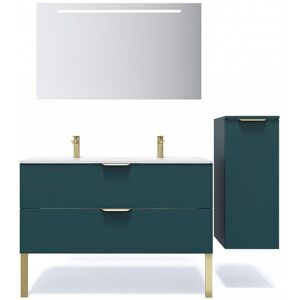 HOMIFAB Meuble de salle de bain suspendu double vasque integree 120cm 2 tiroirs Bleu + miroir + colonne ouverture droite - Venice