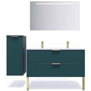 HOMIFAB Meuble de salle de bain suspendu double vasque integree 120cm 2 tiroirs Bleu + miroir + colonne ouverture gauche - Venice