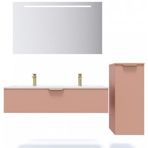 HOMIFAB Meuble de salle de bain suspendu double vasque integree 120cm 1 tiroir Abricot + miroir + colonne ouverture droite - Venice