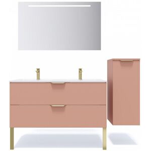 HOMIFAB Meuble de salle de bain suspendu double vasque integree 120cm 2 tiroirs Abricot + miroir + colonne ouverture droite - Venice