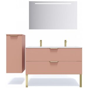 HOMIFAB Meuble de salle de bain suspendu double vasque integree 120cm 2 tiroirs Abricot + miroir + colonne ouverture gauche - Venice