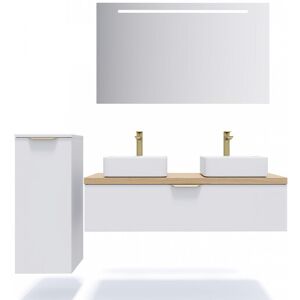 HOMIFAB Meuble de salle de bain suspendu 2 vasques a poser 120cm 1 tiroir Blanc + miroir + colonne ouverture gauche - Venice