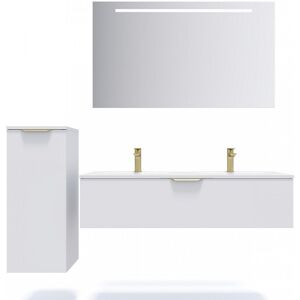 HOMIFAB Meuble de salle de bain suspendu double vasque integree 120cm 1 tiroir Blanc + miroir + colonne ouverture gauche - Venice