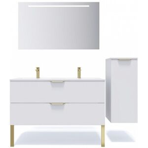 HOMIFAB Meuble de salle de bain suspendu double vasque integree 120cm 2 tiroirs Blanc + miroir + colonne ouverture droite - Venice