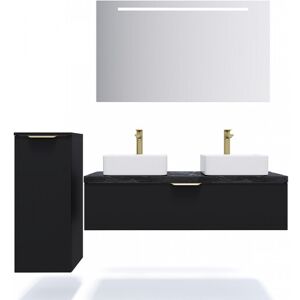 HOMIFAB Meuble de salle de bain suspendu 2 vasques a poser 120cm 1 tiroir Noir + miroir + colonne ouverture gauche - Venice