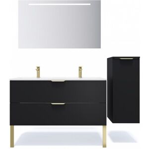 HOMIFAB Meuble de salle de bain suspendu double vasque integree 120cm 2 tiroirs Noir + miroir + colonne ouverture droite - Venice