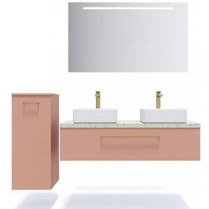 HOMIFAB Meuble de salle de bain suspendu 2 vasques a poser 120cm 1 tiroir Abricot + miroir + colonne ouverture gauche - Glasgow