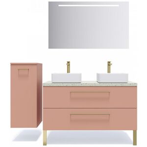 HOMIFAB Meuble de salle de bain suspendu 2 vasques a poser 120cm 2 tiroirs Abricot + miroir + colonne ouverture gauche - Glasgow