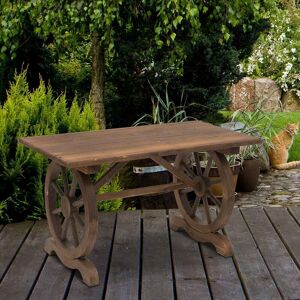 OUTSUNNY Table basse de jardin style rustique chic piètement roues charette bois sapin traité carbonisation - Publicité