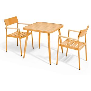 OVIALA Ensemble table de jardin et 2 fauteuils aluminium/bois jaune moutarde - Publicité