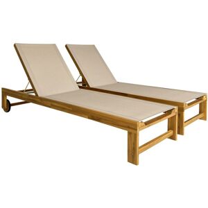 Sweeek - Lot de 2 bains de soleil en bois d'acacia et textilène beige. multi positions avec roulettes - Beige - Publicité