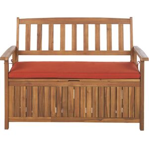 Beliani Outdoor Bench with Storage Solid Acacia Wood 2 Seater 120 cm with Red Cushion Material:Acacia Wood Size:60x91x120 - Publicité