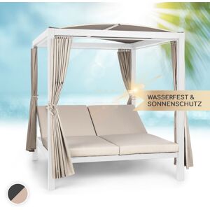 Blumfeldt Sunbed Transat Jardin Double XL, Bain de Soleil, Chaise Longue Exterieur avec Dossier Inclinable Réglable, Rideaux Pares Soleil et Auvent, Fauteuils avec Toit Ouvrant et Toile Hydrofuge (x2) - Blanc / Sable - Publicité