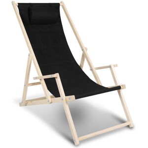 SWANEW Chaise longue pliante en bois Chaise de plage 3 positions Chilienne transat jardin exterieur noir Avec mains courantes - Publicité