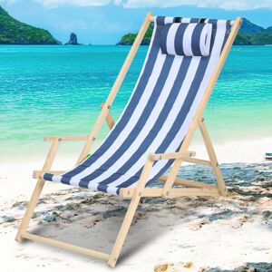 Swanew - Chaise longue pliante en bois Chaise de plage 3 positions Chilienne transat jardin exterieur Bleu blanc Avec mains courantes - Publicité