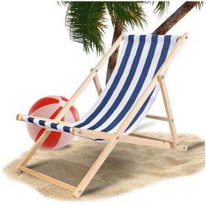 VINGO Chaise longue pliante en bois Chaise de plage 3 positions Chilienne transat jardin exterieur Bleu blanc - bleu blanc - Publicité