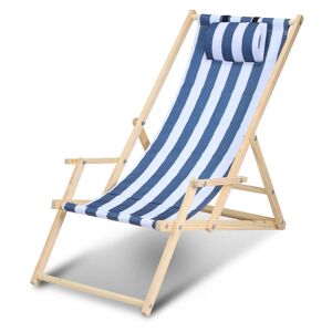 VINGO Chaise longue pliante en bois Chaise de plage 3 positions Chilienne transat jardin exterieur Bleu blanc Avec mains courantes - bleu blanc - Publicité