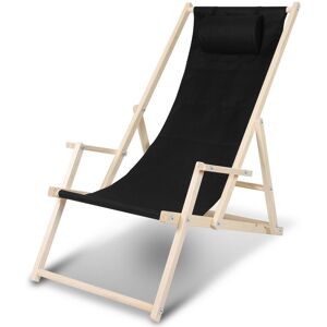 Einfeben - Chaise longue pliante en bois Chaise de plage 3 positions Chilienne transat jardin exterieur noir Avec mains courantes - noir - Publicité