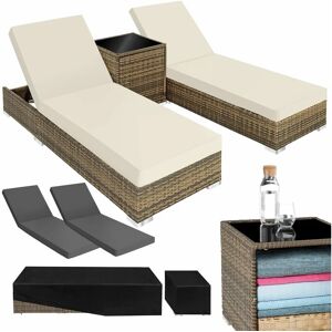 TECTAKE Bain de soleil duo 5 positions avec 2 sets de housses + housse de protection - chaise longue, transat bain de soleil, transat jardin - marron naturel - Publicité