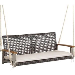 Costway - Balançoire de Jardin en Rotin à 2 Places, Balancelle de Porche en Osier avec Accoudoir en Bois d'Acacia et Coussin, Banc Suspendu avec 2 Cordes de Suspension de 300 cm, Charge 360 KG(Beige) - Publicité