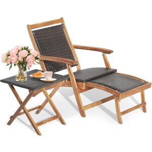 Costway - Chaise Longue en Rotin et Bois d'Acacia Certifié fsc avec Repose-Pied Rétractable et Accoudoirs Charge 160KG, Bain de Soleil avec Table d'Appoint Carré Pliable Extérieur, pour Jardin Arrière-C - Publicité