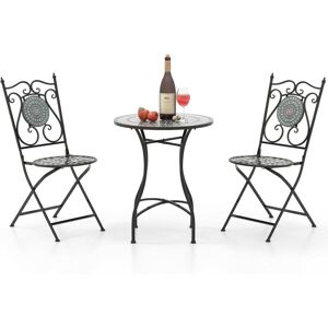 Costway - Ensemble Bistrot pour Patio 3 Pièces en Métal à Motif Mosaïque, Salle à Manger avec Table Ronde et 2 Chaises Pliantes, Ensemble Salon de Jardin pour Intérieur Extérieur (Gris+Noir) - Publicité