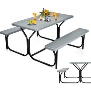 Costway - Ensemble Table et Bancs de Pique-Nique avec Cadre en Métal, Ensemble de Jardin Surface Imperméable Banc Charge 200KG Table 150KG pour 4 à 6 Personnes, pour Jardin Piscine (Gris) - Publicité