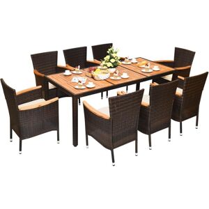 Salon de Jardin en Rotin 9 Pièces pour 8 Personnes Plateau de Table en Acacia, Ensemble de Salle à Manger de Patio avec Coussins Amovibles, Chaque Chaise Charge 180KG - Costway - Publicité