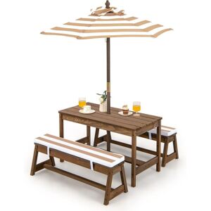 Table de Pique-Nique pour Enfants avec Parasol Réglable, Salon de Jardin en Bois pour Enfants avec Coussins, 89 x 44 x 50 cm Marron - Costway - Publicité