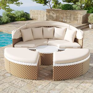 SUNFECILI Ensemble de chaises longues de jardin, Sun Island, table et chaises de jardin en rotin, chaise longue de jardin, auvent extensible, plateau de table relevable, beige, comprend tous les coussins et cou - Publicité