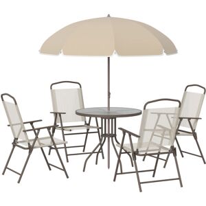 Outsunny - Ensemble salon de jardin 6 pcs - table ronde + 4 chaises pliables + parasol - acier époxy café textilène polyester beige - Publicité