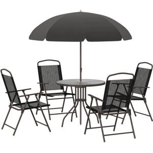 Outsunny - Ensemble salon de jardin 6 pcs - table ronde + 4 chaises pliables + parasol - acier époxy café textilène polyester noir - Noir - Publicité