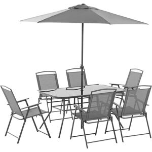 Ensemble salon de jardin 8 pièces avec grand parasol, table dim.140L x 90l x 70H cm et chaises pliantes pour 6 personnes - métal époxy textilène polyester gris - Outsunny - Publicité