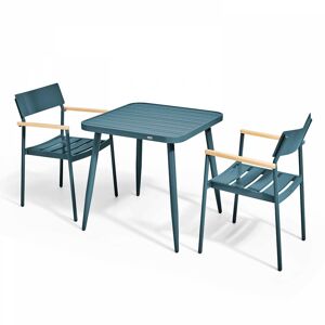 Oviala - Ensemble table de jardin et 2 fauteuils en aluminium/bois bleu canard - Bleu Canard - Publicité