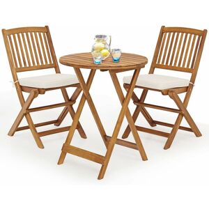 Goplus - 3PCs Ensemble de Bistro de Jardin Pliantes,2 Coussins+2 Chaises+1 Table Bois d'Acacia,Meuble de Jardin en Bois,Table et Chaise d'exterieur - Publicité