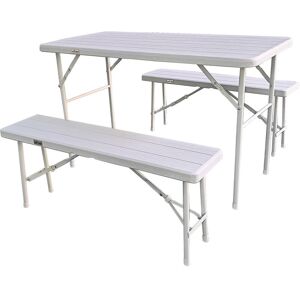 HATTORO Ensemble de tente à bière 3pcs Table de buffet avec bancs aspect bois Pliable Blanc - Publicité