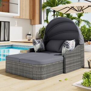 Sureh - Ile de soleil avec baldaquin réglable, Bain de soleil, rotin pe, bain de soleil de terrasse, ensemble salon de jardin, double salon avec 4 coussins, housse de coussin amovible, Gris - Publicité