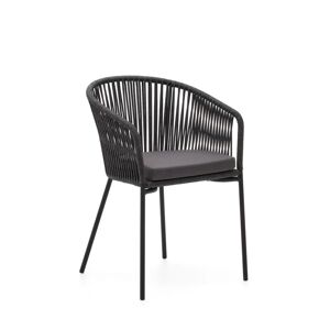 Chaise de salle à manger Yanet noire avec accoudoirs en corde en polyester et pieds en acier noir pour usage intérieur et extérieur - Kave Home - Publicité