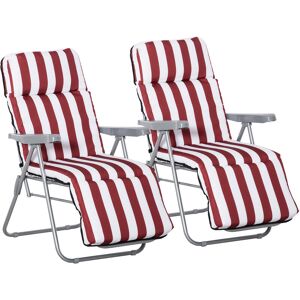 Outsunny Lot de 2 chaises longues bains de soleil ajustables pliables transat lit de jardin en acier rouge + blanc - Publicité