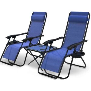 VOUNOT Lot de 2 Chaise longue inclinable en textilene avec table d'appoint porte gobelet et portable bleu - Publicité