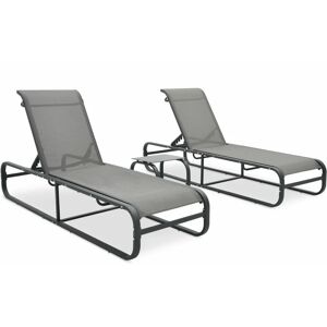 Helloshop26 - Lot de 2 transats chaise longue bain de soleil lit de jardin terrasse meuble d'extérieur avec table textilène et aluminium gris - Publicité