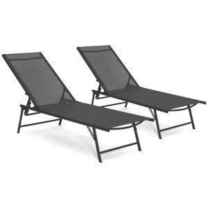 IDMARKET Lot de 2 transats de jardin inclinables KAILUA en acier gris anthracite et toile grise - Gris - Publicité