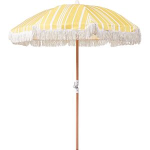 BELIANI Parasol de Jardin Rétro ⌀ 150 cm Mât en Bois et Tissu Jaune et Blanc Mondello - Publicité